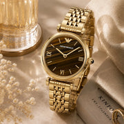 Emporio Armani Gianni T-Bar Brown Dial Gold Steel Strap Watch for Women - AR11703