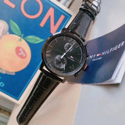 Tommy Hilfiger Aden Chronograph Black Dial Black Leather Strap Watch for Men - 1791310