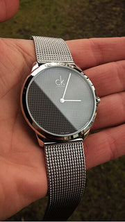 Calvin Klein Minimalist Black Dial Silver Mesh Bracelet Watch for Men - K3M2112X