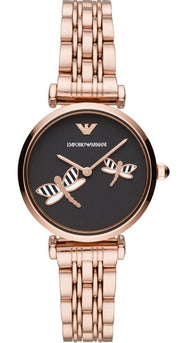 Emporio Armani Gianni T Bar Black Dial Rose Gold Steel Strap Watch For Women - AR11206