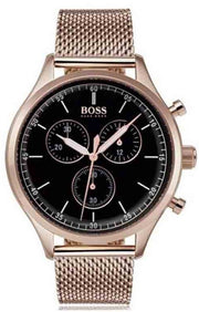 Hugo Boss Companion Chronograph Black Dial Rose Gold Mesh Strap Watch For Men - 1513548