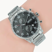 Hugo Boss Aeroliner Chronograph Black Dial Silver Steel Strap Watch for Men - 1513181