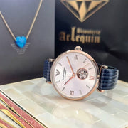 Emporio Armani Meccanico Gianni T-Bar Silver Dial Blue Leather Strap Watch For Women - AR60020