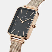 Daniel Wellington Quadro Melrose Black Dial Rose Gold Mesh Bracelet Watch For Women - DW00100432