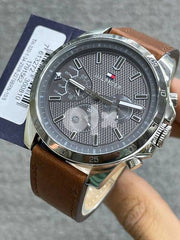 Tommy Hilfiger Decker Grey Dial Brown Leather Strap Watch for Men - 1791562