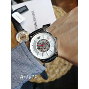 Emporio Armani Meccanico Silver Skeleton Dial Black Leather Strap Watch For Men - AR2072