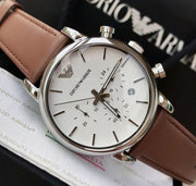 Emporio Armani Luigi Chronograph Silver Dial Brown Leather Strap Watch for Men - AR1846