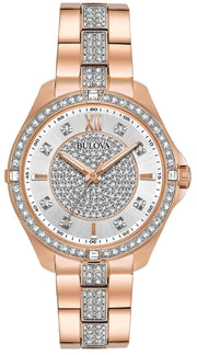 Bulova Crystal Collection Silver Dial Rose Gold Steel Strap Watch for Women - 98L229