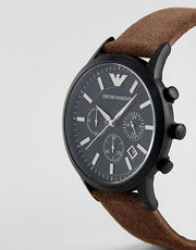 Emporio Armani Chronograph Black Dial Brown Leather Strap Watch For Men - AR11078