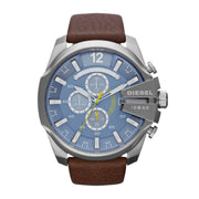 Diesel Mega Chief Chronograph Blue Dial Brown Leather Strap Watch For Men - DZ4281