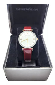 Emporio Armani Gianni T-Bar Quartz Silver Dial Brown Leather Strap Watch For Women - AR11061