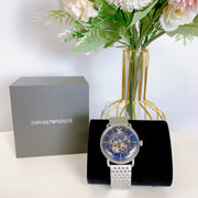Emporio Armani Aviator Skeleton Blue Dial Silver Mesh Bracelet Watch For Men - AR60024