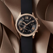 Guess Solar 40mm Black & Rose Gold Dial Black Rubber Strap Watch For Women - W1135L4