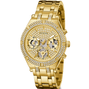Guess Heiress Multifunction Diamonds Gold Dial Gold Steel Strap Watch for Women - GW0440L2