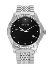 Gucci G Timeless Diamonds Black Dial Silver Steel Strap Watch For Women - YA126408