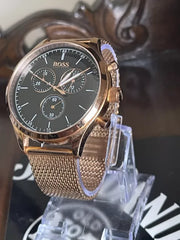 Hugo Boss Companion Chronograph Black Dial Rose Gold Mesh Strap Watch For Men - 1513548