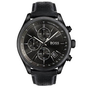Hugo Boss Grand Prix Chronograph Black Dial Black Leather Strap Watch for Men - 1513474