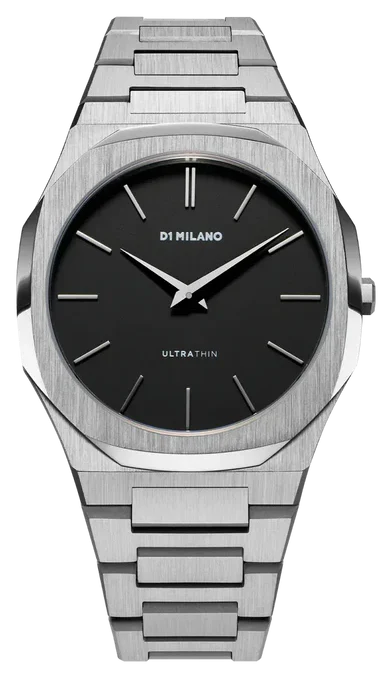D1 Milano Ultra Thin Matte Black Dial Silver Steel Strap Watch for Men - D1-UTBJ40