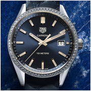 Tag Heuer Carrera Quartz Diamonds Blue Dial Blue Leather Strap Watch for Women - WAR1114.FC6391