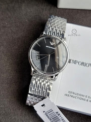 Emporio Armani Minimalist Black Dial Silver Steel Strap Watch for Men - AR11600