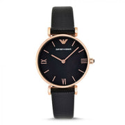 Emporio Armani Gianni T Bar Black Mother of Pearl Dial Black Leather Strap Watch For Women - AR11060