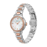 Emporio Armani Three Hand Mother of Pearl Dial Two Tone Steel Strap Watch For Women - AR11569