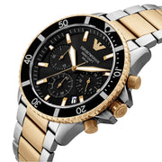 Emporio Armani World Explorer Solar Powered Chronograph Black Dial Two Tone Steel Strap Watch for Men - AR11680