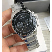 Emporio Armani Tazio Chronograph Black Dial Silver Steel Strap Watch for Men - AR5980