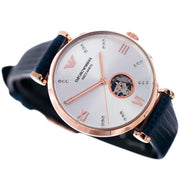 Emporio Armani Meccanico Gianni T-Bar Silver Dial Blue Leather Strap Watch For Women - AR60020