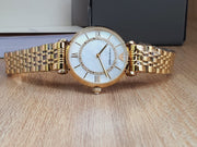 Emporio Armani Gianni T Bar Mother of Pearl White Dial Gold Steel Strap Watch For Women - AR190700