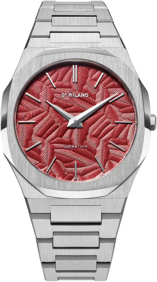 D1 Milano Ultra Thin Barn Red Dial Silver Steel Strap Watch for Men - D1-UTBJ33