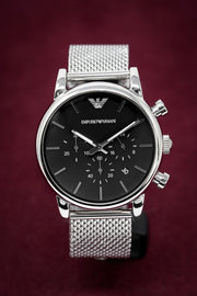Emporio Armani Luigi Chronograph Black Dial Silver Mesh Bracelet Watch For Men - AR1811