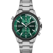 Hugo Boss Globetrotter Chronograph Green Dial Silver Steel Strap Watch for Men - 1513930