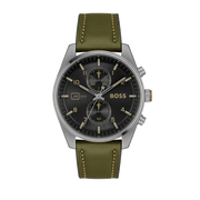 Hugo Boss Skytraveller Chronograph Black Dial Green Leather Strap Watch for Men - 1514148