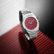 D1 Milano Ultra Thin Bordeaux Red Dial Silver Steel Strap Watch for Unisex - D1-UTBJ11