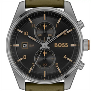Hugo Boss Skytraveller Chronograph Black Dial Green Leather Strap Watch for Men - 1514148