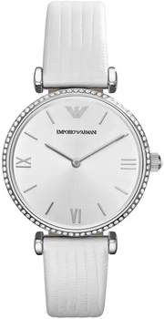 Emporio Armani Gianni T-Bar Silver Dial White Leather Strap Watch for Women - AR1680