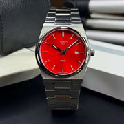 Tissot PRX Quartz Red Dial Silver Steel Strap Watch for Men - T137.410.11.421.00
