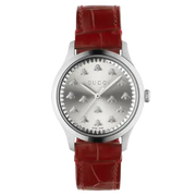 Gucci G Timeless Quartz Silver Dial Maroon Leather Strap Watch for Women - YA1265057