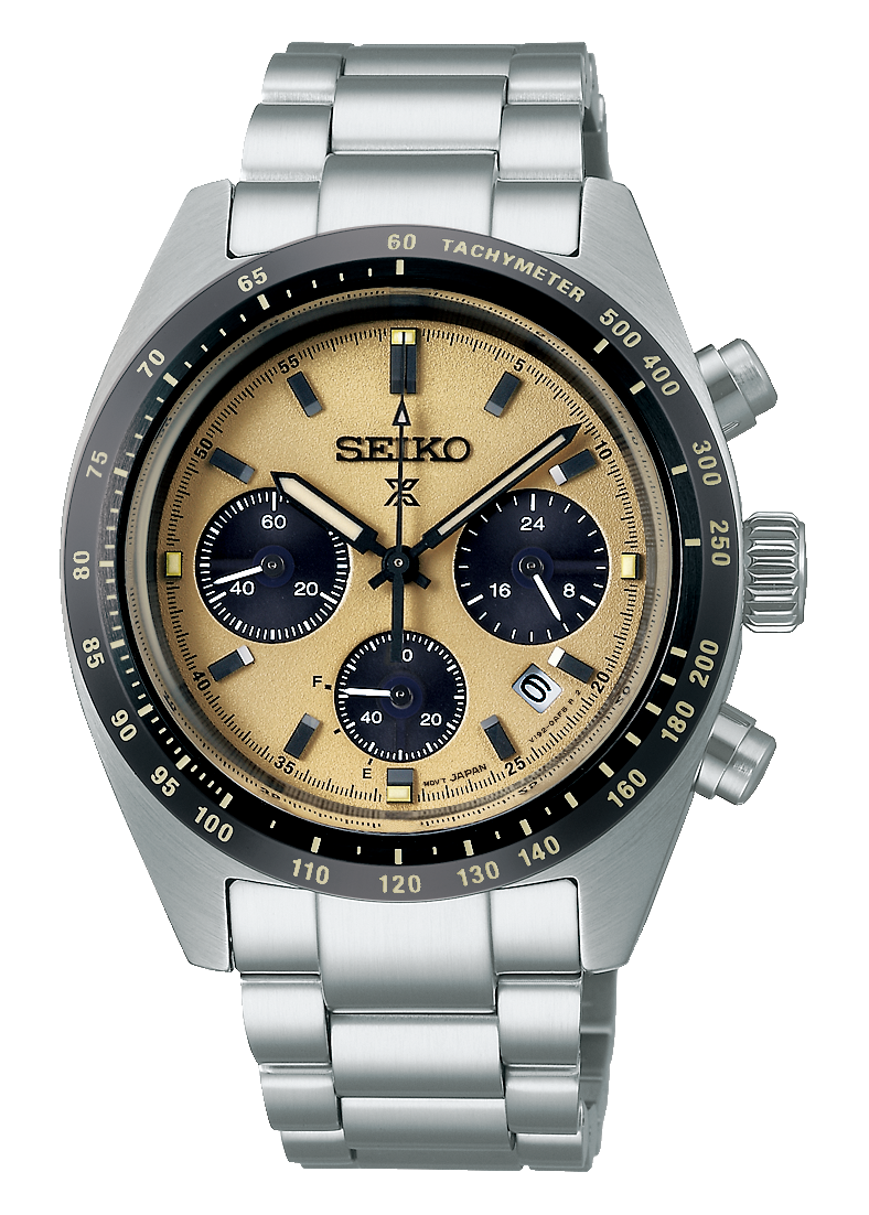 Seiko Prospex Speedtimer Solar Chronograph Gold Dial Silver Steel Strap Watch for Men - SSC817