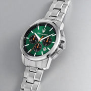 Maserati Successo Chronograph Green Dial Silver Steel Strap Watch for Men - R8873621043