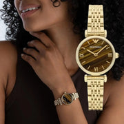 Emporio Armani Gianni T-Bar Brown Dial Gold Steel Strap Watch for Women - AR11703