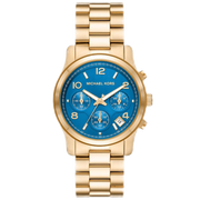Michael Kors Runway Chronograph Blue Dial Gold Steel Strap Watch For Women - MK7353