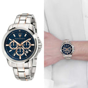 Maserati Successo Chronograph Blue Dial Two Tone Steel Strap Watch For Men - R8873621008