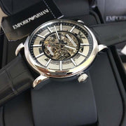 Emporio Armani Luigi Silver Skeleton Dial Black Leather Strap Watch For Men - AR1981