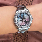 Guess G Twist Diamonds Purple Dial Black Steel Strap Watch For Women - W1201L4