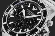 Emporio Armani World Explorer Black Dial Silver Steel Strap Watch for Men - AR11739