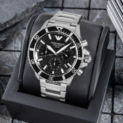 Emporio Armani World Explorer Black Dial Silver Steel Strap Watch for Men - AR11739