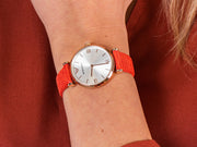 Emporio Armani Gianni T Bar Silver Dial Red Leather Strap Watch For Women - AR1876