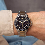 Emporio Armani World Explorer Solar Powered Chronograph Black Dial Two Tone Steel Strap Watch for Men - AR11680